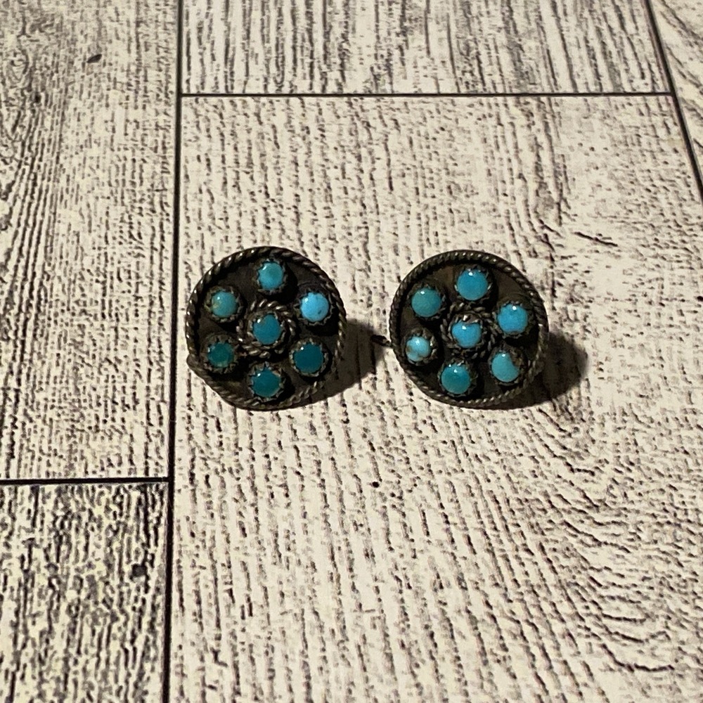 Vtg FRANK PATANIA THUNDERBIRD STUDIOS Sterling 7 Turquoise Earrings Screw Back